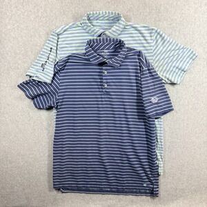 Peter Millar BIG LOGO Polo Mens Small LOT OF 2 Blue Green Striped Conway Farms